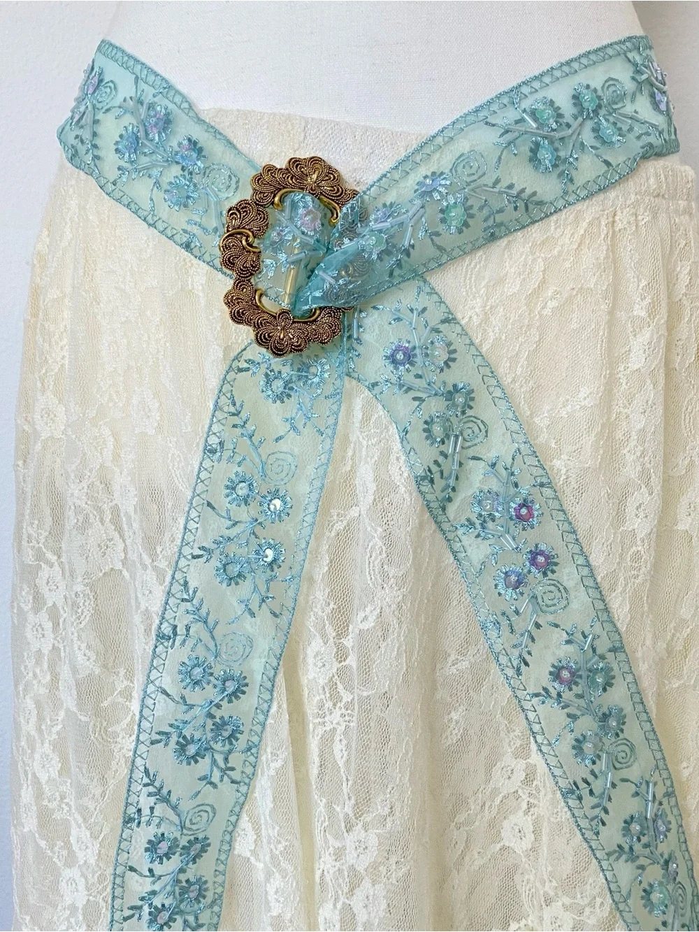 Embroidered Teal Coquette Ribbon Belt with Antique  Design Gold Buckle